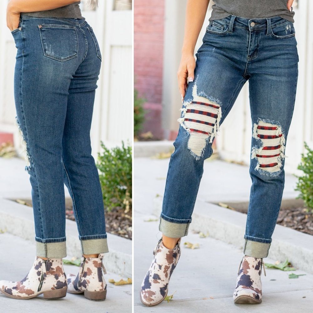 Judy Blue Buffalo Plaid Patch Midrise Cuffed Boyfriend Jeans Dark Wash Size 29 - Picture 8 of 15